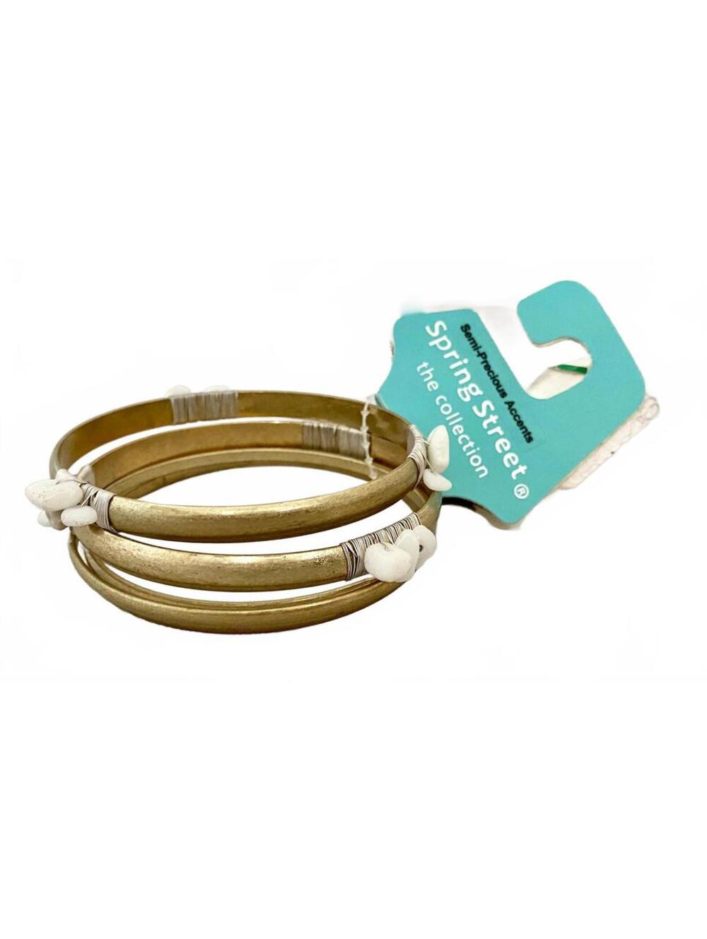 NWT Spring Street Gold Bangle Bracelet Set of 5 White Semi-Precious Stones OS